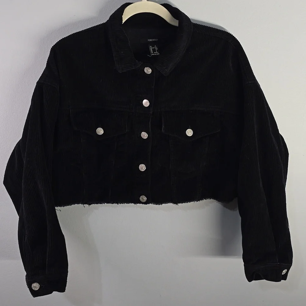 Forever 21 Black Ribbed Corduroy Crop Jacket Button Up Women's Size Small Black7